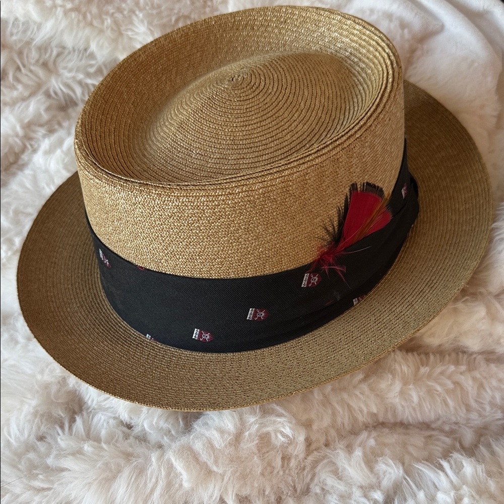 Straw Boater Hat with Black Band and Red Feather